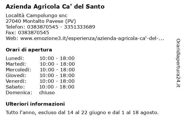 Azienda Agricola Ca' del Santo a Montalto Pavese (PV): indirizzo e orari di apertura
