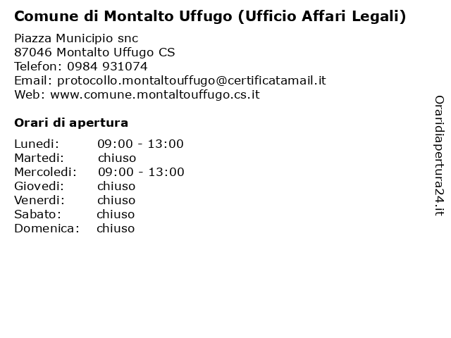 Comune di Montalto Uffugo (Ufficio Affari Legali) a Montalto Uffugo CS: indirizzo e orari di apertura
