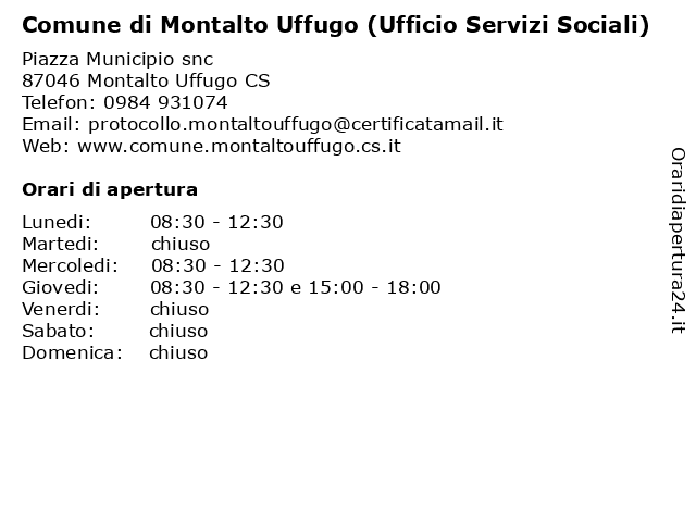 Comune di Montalto Uffugo (Ufficio Servizi Sociali) a Montalto Uffugo CS: indirizzo e orari di apertura