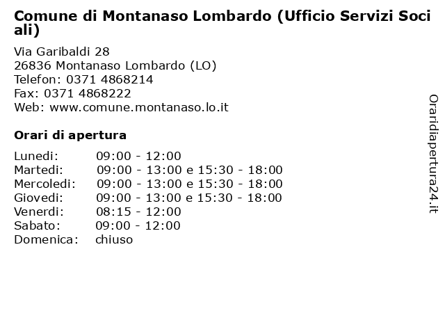 Comune di Montanaso Lombardo (Ufficio Servizi Sociali) a Montanaso Lombardo (LO): indirizzo e orari di apertura