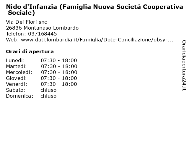 Nido d'Infanzia (Famiglia Nuova Società Cooperativa Sociale) a Montanaso Lombardo: indirizzo e orari di apertura