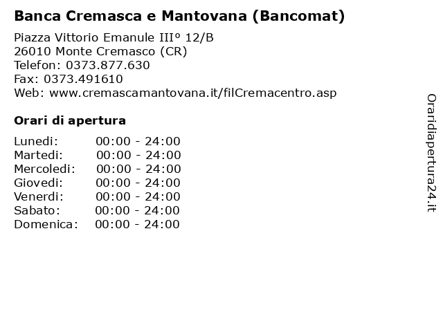Banca Cremasca e Mantovana (Bancomat) a Monte Cremasco (CR): indirizzo e orari di apertura