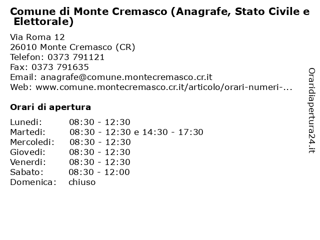 Comune di Monte Cremasco (Anagrafe, Stato Civile e Elettorale) a Monte Cremasco (CR): indirizzo e orari di apertura