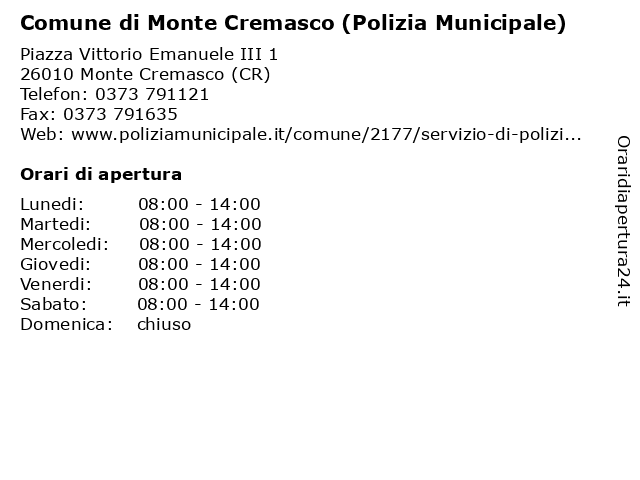 Comune di Monte Cremasco (Polizia Municipale) a Monte Cremasco (CR): indirizzo e orari di apertura