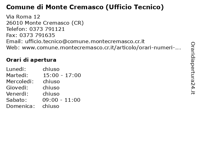 Comune di Monte Cremasco (Ufficio Tecnico) a Monte Cremasco (CR): indirizzo e orari di apertura