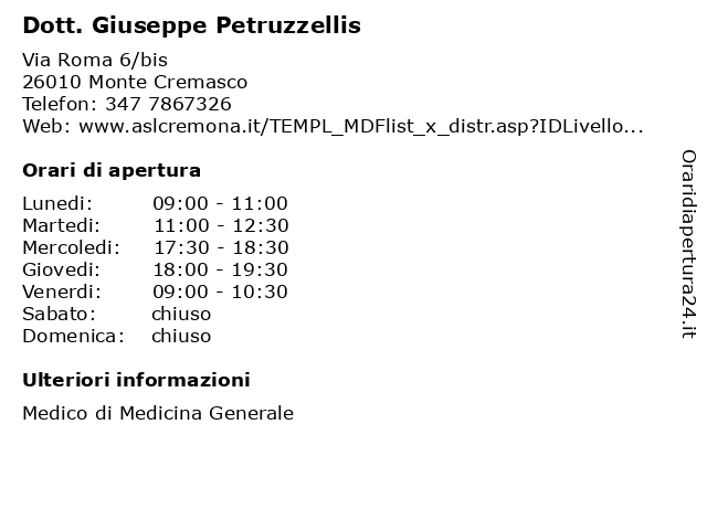 Dott. Giuseppe Petruzzellis a Monte Cremasco: indirizzo e orari di apertura