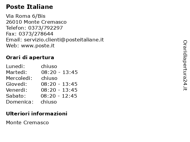 Poste Italiane a Monte Cremasco: indirizzo e orari di apertura
