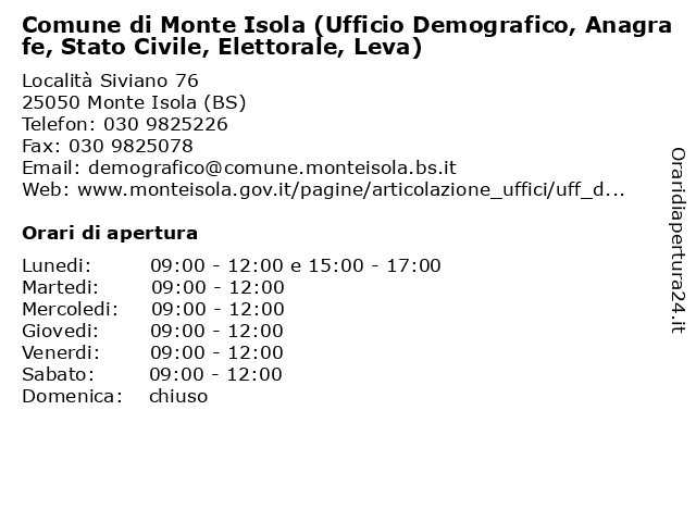 Comune di Monte Isola (Ufficio Demografico, Anagrafe, Stato Civile, Elettorale, Leva) a Monte Isola (BS): indirizzo e orari di apertura