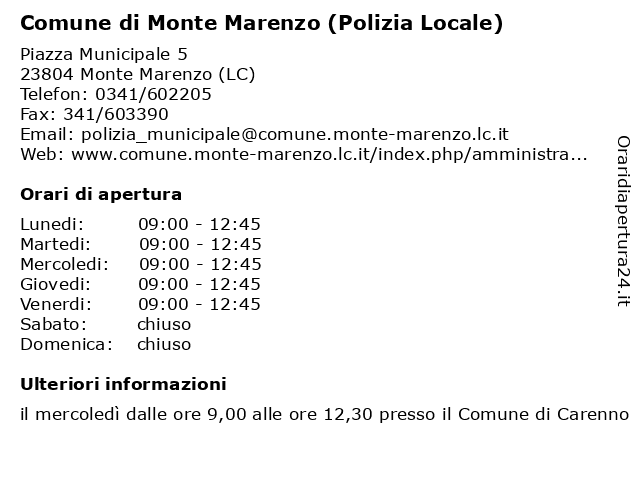 Comune di Monte Marenzo (Polizia Locale) a Monte Marenzo (LC): indirizzo e orari di apertura