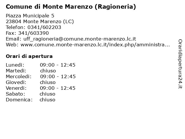 Comune di Monte Marenzo (Ragioneria) a Monte Marenzo (LC): indirizzo e orari di apertura