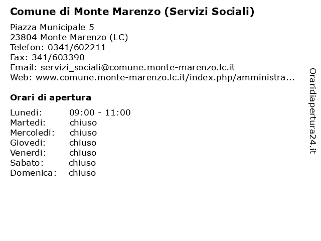 Comune di Monte Marenzo (Servizi Sociali) a Monte Marenzo (LC): indirizzo e orari di apertura
