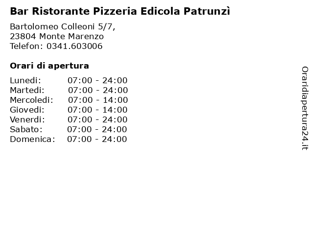 Bar Ristorante Pizzeria Edicola Patrunzì a Monte Marenzo: indirizzo e orari di apertura