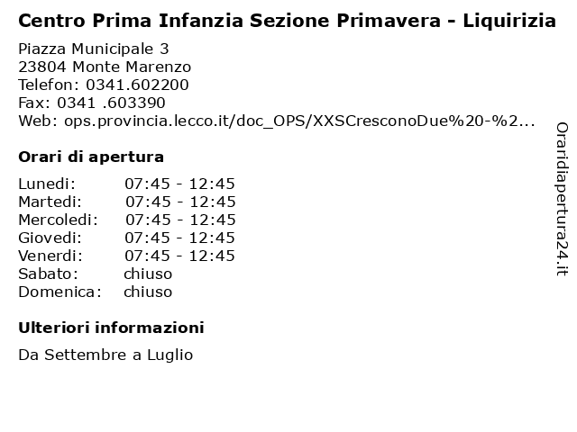 Centro Prima Infanzia Sezione Primavera - Liquirizia a Monte Marenzo: indirizzo e orari di apertura