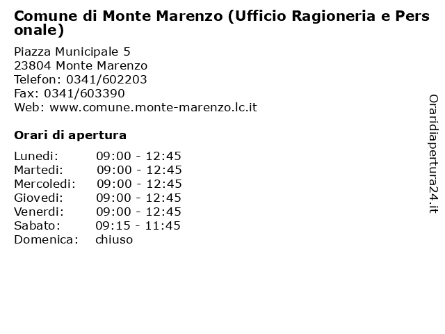 Comune di Monte Marenzo (Ufficio Ragioneria e Personale) a Monte Marenzo: indirizzo e orari di apertura