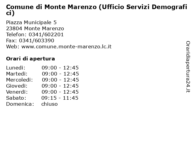 Comune di Monte Marenzo (Ufficio Servizi Demografici) a Monte Marenzo: indirizzo e orari di apertura