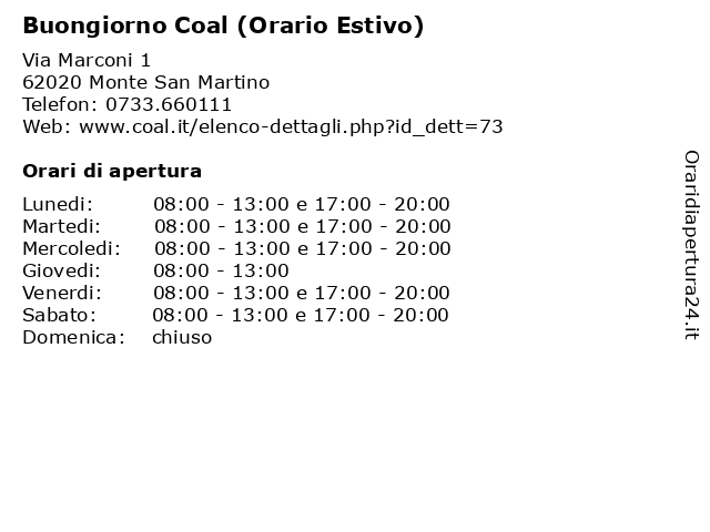 Buongiorno Coal (Orario Estivo) a Monte San Martino: indirizzo e orari di apertura