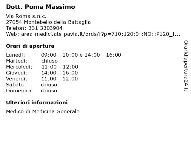 Dott. Poma Massimo a Montebello della Battaglia: indirizzo e orari di apertura
