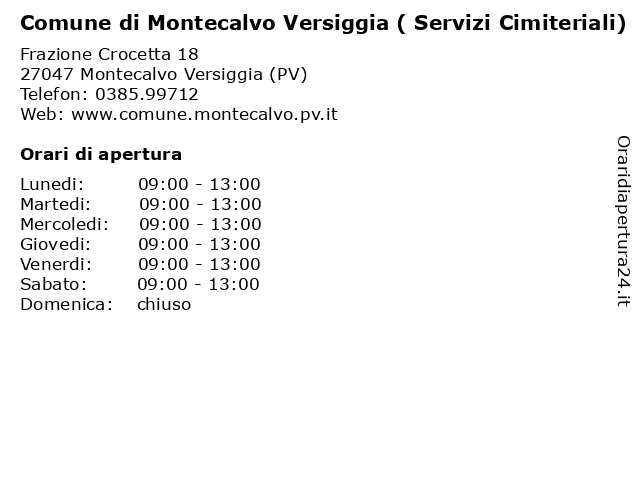 Comune di Montecalvo Versiggia ( Servizi Cimiteriali) a Montecalvo Versiggia (PV): indirizzo e orari di apertura