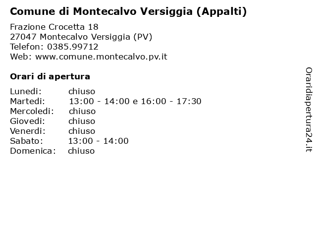 Comune di Montecalvo Versiggia (Appalti) a Montecalvo Versiggia (PV): indirizzo e orari di apertura