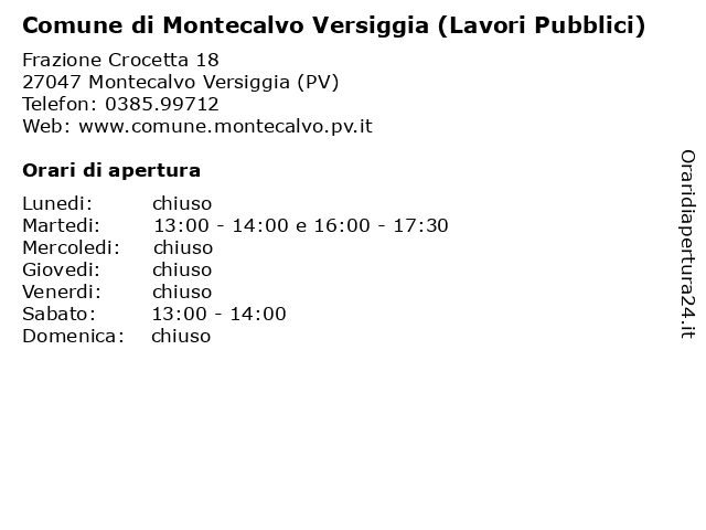 Comune di Montecalvo Versiggia (Lavori Pubblici) a Montecalvo Versiggia (PV): indirizzo e orari di apertura