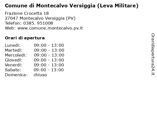 Comune di Montecalvo Versiggia (Leva Militare) a Montecalvo Versiggia (PV): indirizzo e orari di apertura