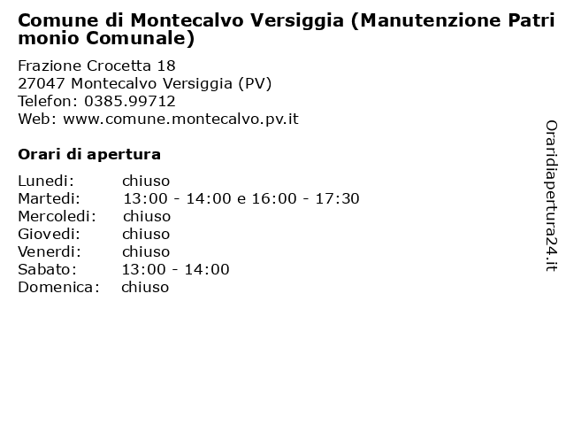 Comune di Montecalvo Versiggia (Manutenzione Patrimonio Comunale) a Montecalvo Versiggia (PV): indirizzo e orari di apertura