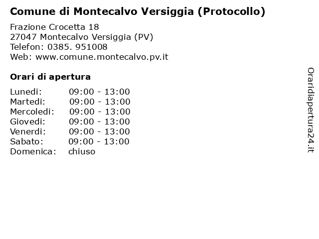 Comune di Montecalvo Versiggia (Protocollo) a Montecalvo Versiggia (PV): indirizzo e orari di apertura