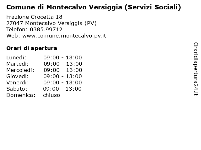 Comune di Montecalvo Versiggia (Servizi Sociali) a Montecalvo Versiggia (PV): indirizzo e orari di apertura