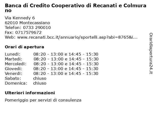 á… Orari Di Apertura Banca Di Credito Cooperativo Di Recanati E Colmurano Via Kennedy