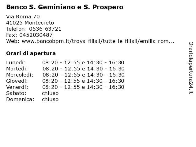 Banco S. Geminiano e S. Prospero a Montecreto: indirizzo e orari di apertura