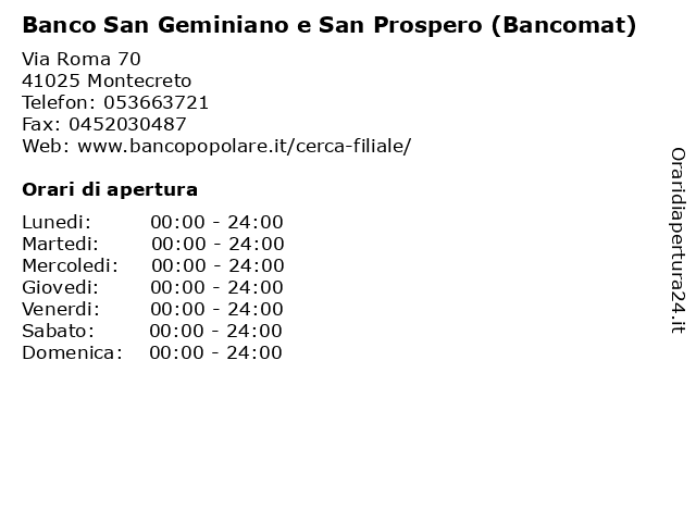 Banco San Geminiano e San Prospero (Bancomat) a Montecreto: indirizzo e orari di apertura