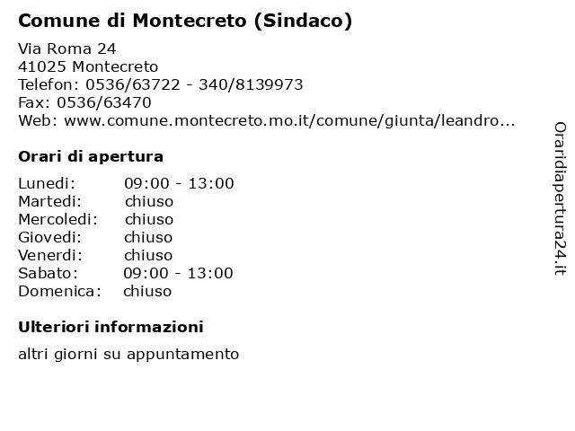 Comune di Montecreto (Sindaco) a Montecreto: indirizzo e orari di apertura