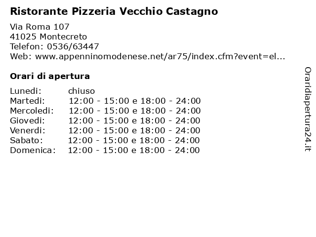 Ristorante Pizzeria Vecchio Castagno a Montecreto: indirizzo e orari di apertura