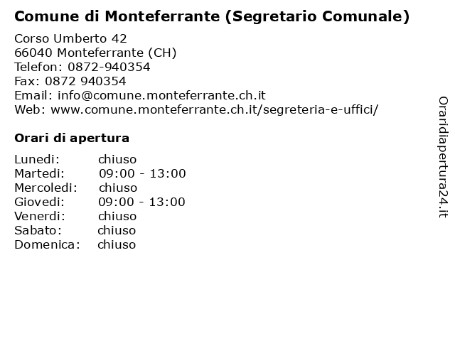 Comune di Monteferrante (Segretario Comunale) a Monteferrante (CH): indirizzo e orari di apertura