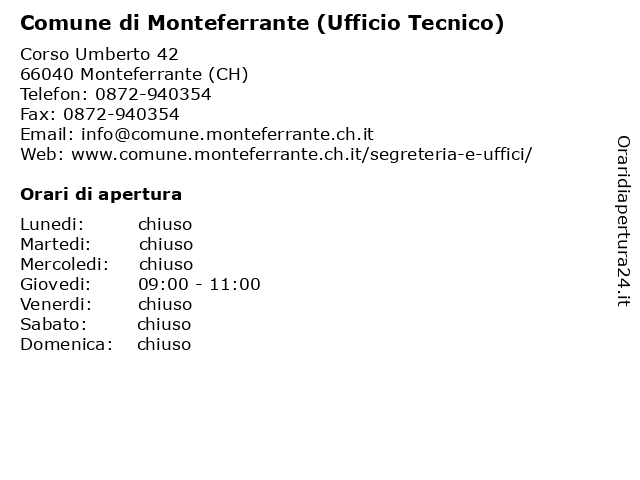 Comune di Monteferrante (Ufficio Tecnico) a Monteferrante (CH): indirizzo e orari di apertura