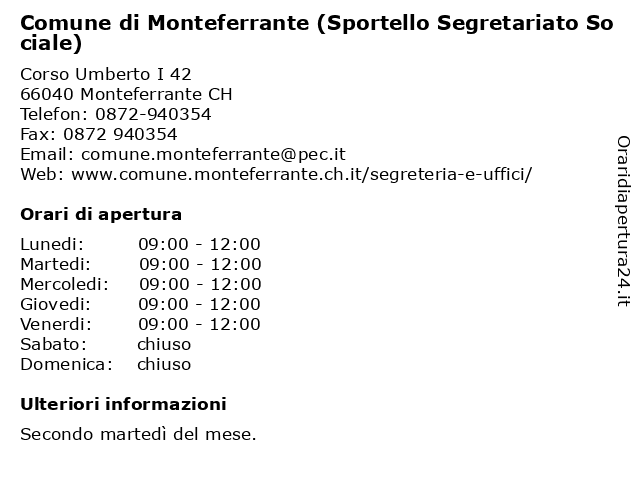Comune di Monteferrante (Sportello Segretariato Sociale) a Monteferrante CH: indirizzo e orari di apertura