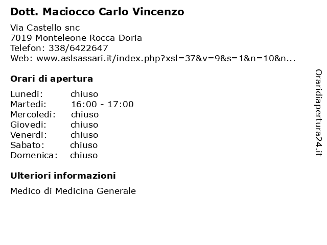 Dott. Maciocco Carlo Vincenzo a Monteleone Rocca Doria: indirizzo e orari di apertura