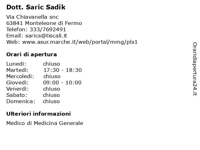 Dott. Saric Sadik a Monteleone di Fermo: indirizzo e orari di apertura