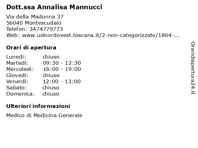 Dott.ssa Annalisa Mannucci  a Montescudaio: indirizzo e orari di apertura