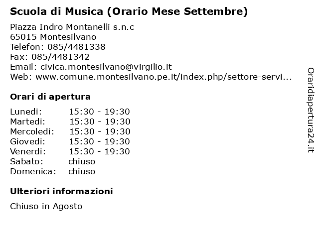 Scuola di Musica (Orario Mese Settembre) a Montesilvano: indirizzo e orari di apertura
