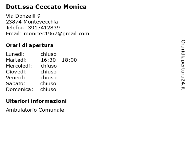 Dott.ssa Ceccato Monica a Montevecchia: indirizzo e orari di apertura