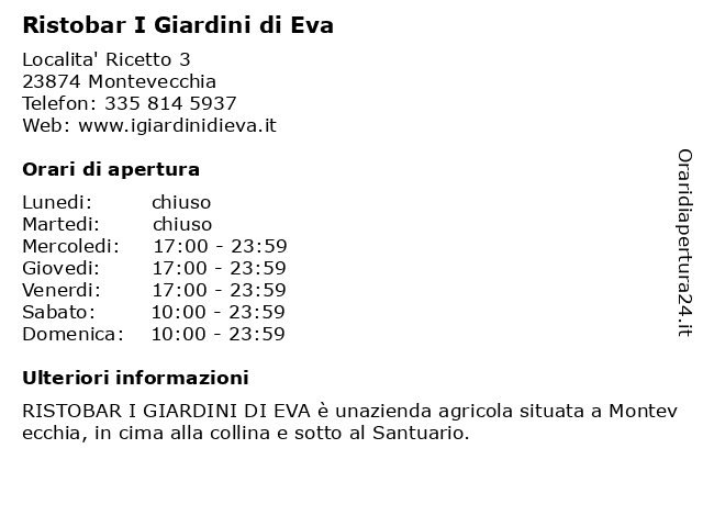 Ristobar I Giardini di Eva a Montevecchia: indirizzo e orari di apertura