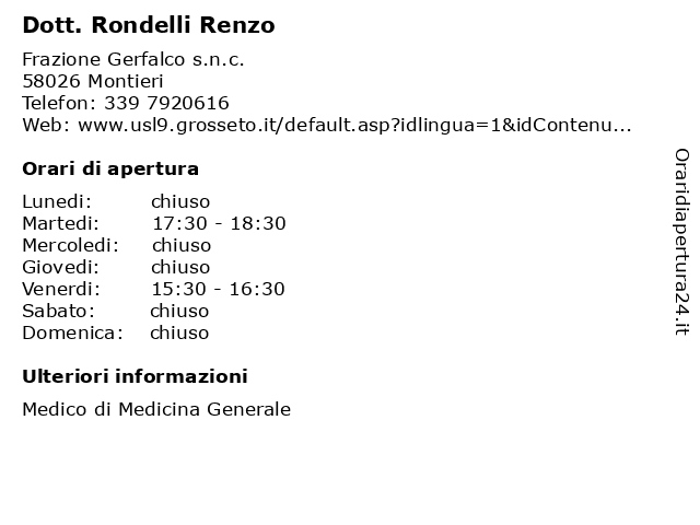Dott. Rondelli Renzo a Montieri: indirizzo e orari di apertura