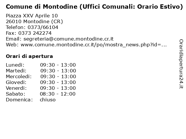 Comune di Montodine (Uffici Comunali: Orario Estivo) a Montodine (CR): indirizzo e orari di apertura