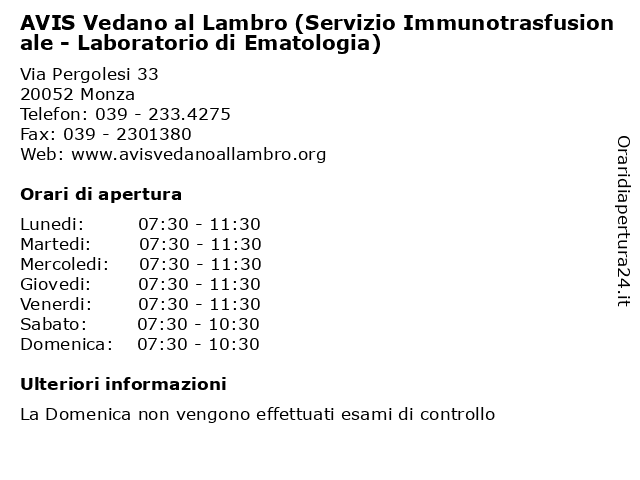 AVIS Vedano al Lambro (Servizio Immunotrasfusionale - Laboratorio di Ematologia) a Monza: indirizzo e orari di apertura