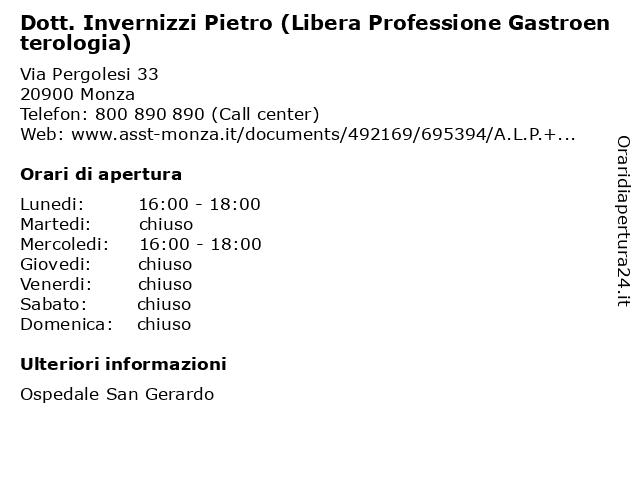 Dott. Invernizzi Pietro (Libera Professione Gastroenterologia) a Monza: indirizzo e orari di apertura
