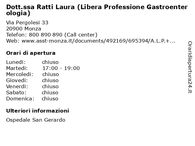 Dott.ssa Ratti Laura (Libera Professione Gastroenterologia) a Monza: indirizzo e orari di apertura