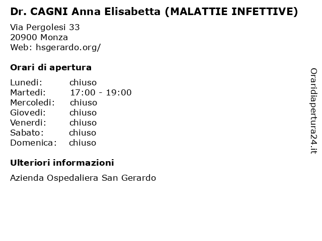 Dr. CAGNI Anna Elisabetta (MALATTIE INFETTIVE) a Monza: indirizzo e orari di apertura