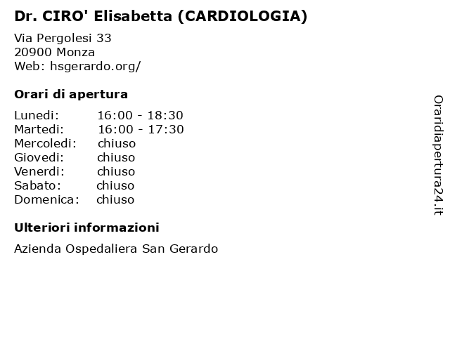 Dr. CIRO' Elisabetta (CARDIOLOGIA) a Monza: indirizzo e orari di apertura