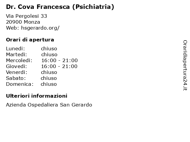 Dr. Cova Francesca (Psichiatria) a Monza: indirizzo e orari di apertura